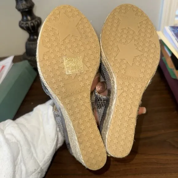 NEW Jimmy Choo Pecane Gray Silver Snake Print Wedge EU 37.5
