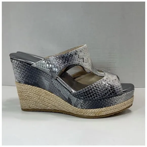 NEW Jimmy Choo Pecane Gray Silver Snake Print Wedge EU 37.5