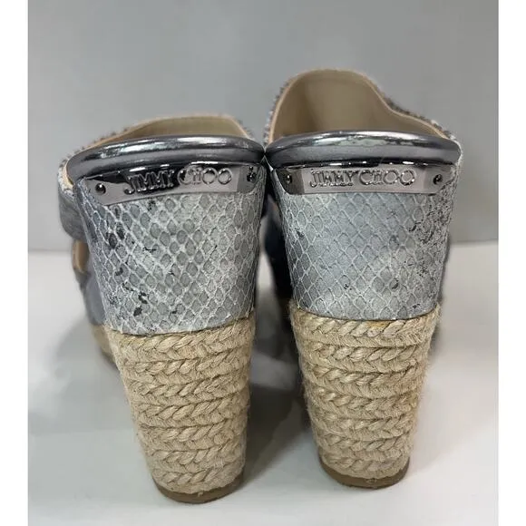 NEW Jimmy Choo Pecane Gray Silver Snake Print Wedge EU 37.5