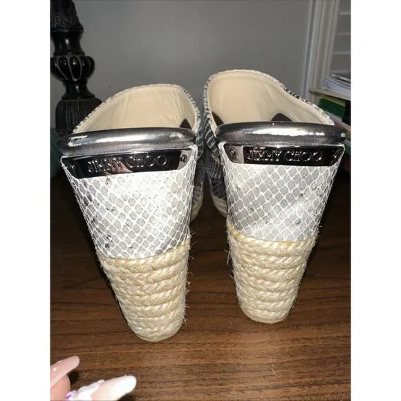 NEW Jimmy Choo Pecane Gray Silver Snake Print Wedge EU 37.5