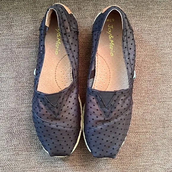 New Joy &amp; Mario Polka Dot Mesh Espadrille Size 6.5W in Black