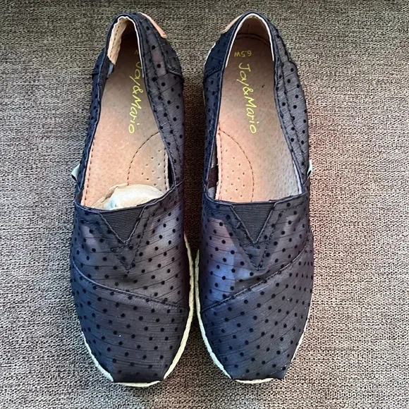 New Joy &amp; Mario Polka Dot Mesh Espadrille Size 6.5W in Black