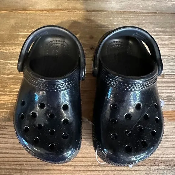 New Kids Crocs Classic Black High Shine Patent Clogs Shoes Sandals Size 6 C‎
