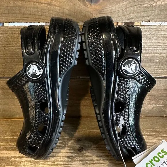 New Kids Crocs Classic Black High Shine Patent Clogs Shoes Sandals Size 6 C‎