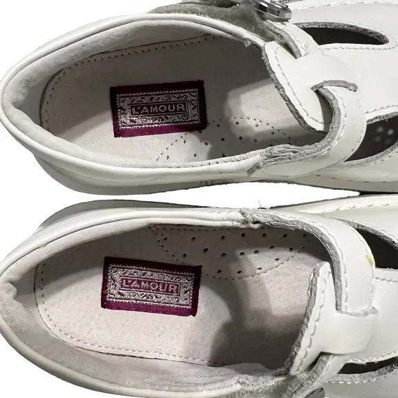 NEW L'Amour Sz 11 White Joy Classic Leather T-Strap Mary Jane Shoes