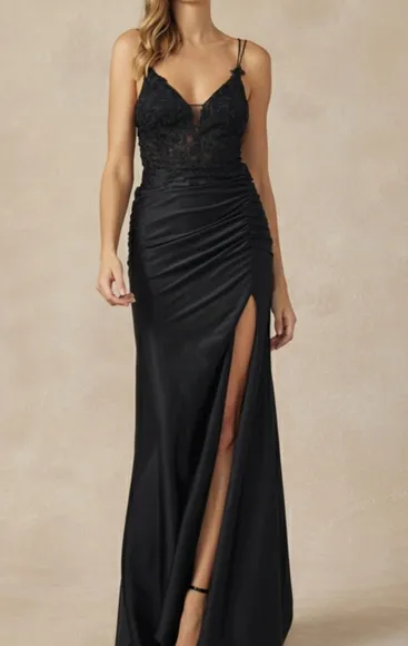 New long fitted embordered bodice semi open back dress with leg slit,black,blue