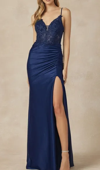 New long fitted embordered bodice semi open back dress with leg slit,black,blue