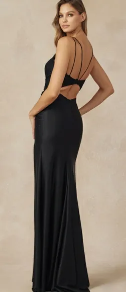 New long fitted embordered bodice semi open back dress with leg slit,black,blue