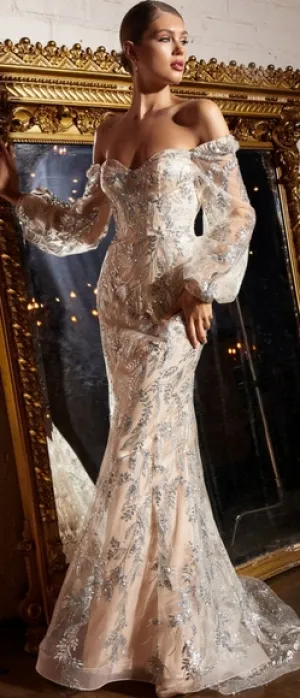 New long silver/nude off the shoulder mermaid glitter floral design dress