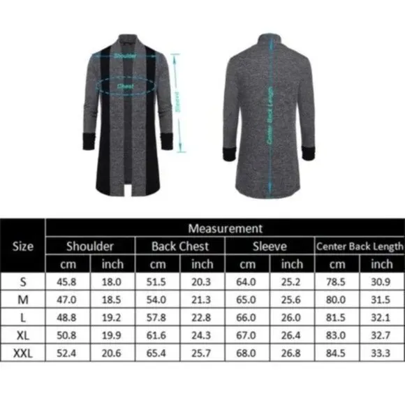 New Men's Long Cardigan Open Front Dark Grey