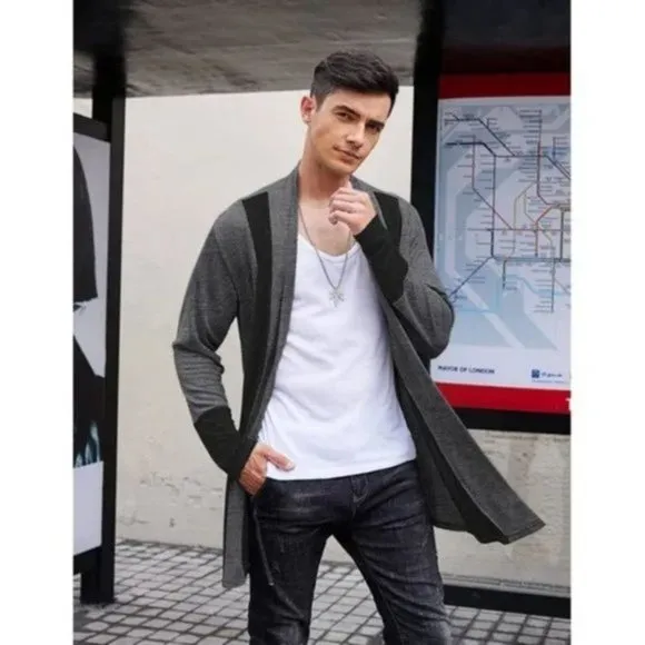 New Men's Long Cardigan Open Front Dark Grey