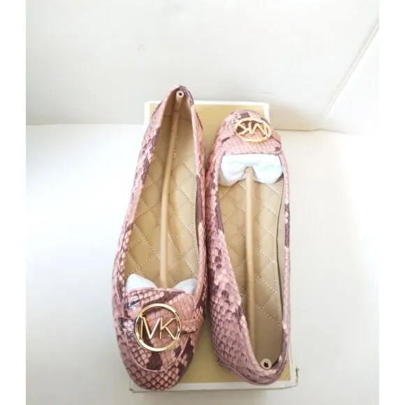 New! MICHAEL KORS Women's Leather Snake-embossed Lillie Flat Shoes Moccasins 9.5