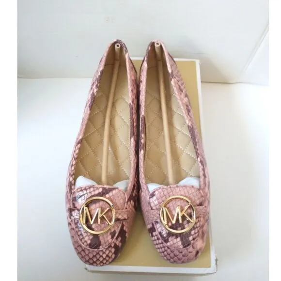 New! MICHAEL KORS Women's Leather Snake-embossed Lillie Flat Shoes Moccasins 9.5