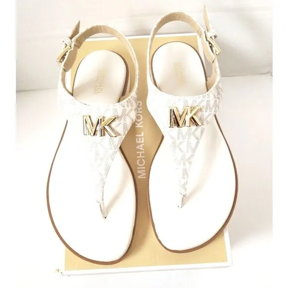 New! MICHAEL KORS Women's MK Logo Jilly T-Strap Sandals Shoes Open-Toe Vanilla 7