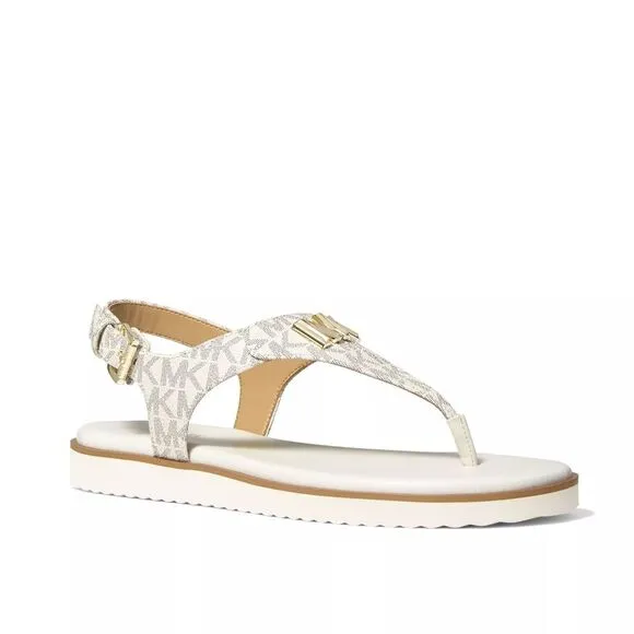 New! MICHAEL KORS Women's MK Logo Jilly T-Strap Sandals Shoes Open-Toe Vanilla 7