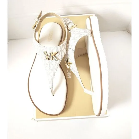 New! MICHAEL KORS Women's MK Logo Jilly T-Strap Sandals Shoes Open-Toe Vanilla 7