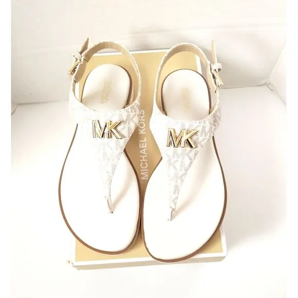 New! MICHAEL KORS Women's MK Logo Jilly T-Strap Sandals Shoes Open-Toe Vanilla 7