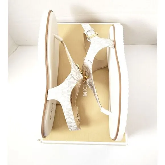 New! MICHAEL KORS Women's MK Logo Jilly T-Strap Sandals Shoes Open-Toe Vanilla 7