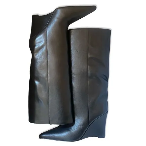 New Raye Revolve Denisse Boots Black leather knee high wedges shoes box 7