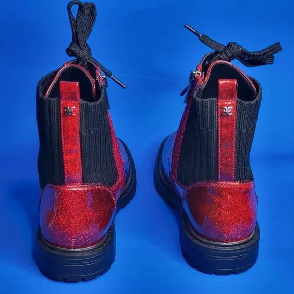NEW Sam Edelman Lydell Girls Combat Boots Lace Up Ruby Red Glitter