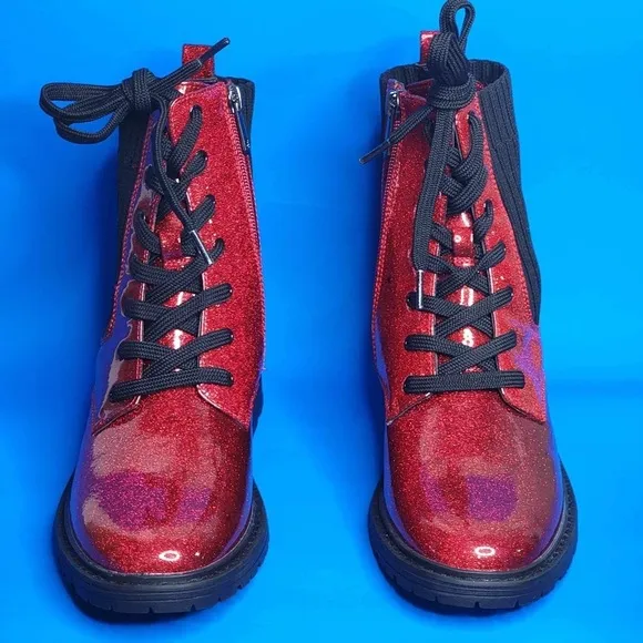 NEW Sam Edelman Lydell Girls Combat Boots Lace Up Ruby Red Glitter
