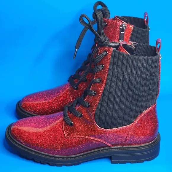 NEW Sam Edelman Lydell Girls Combat Boots Lace Up Ruby Red Glitter