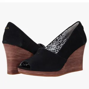 NEW TOMS Michelle Black Brown peep toe wedges sandals women size 6
