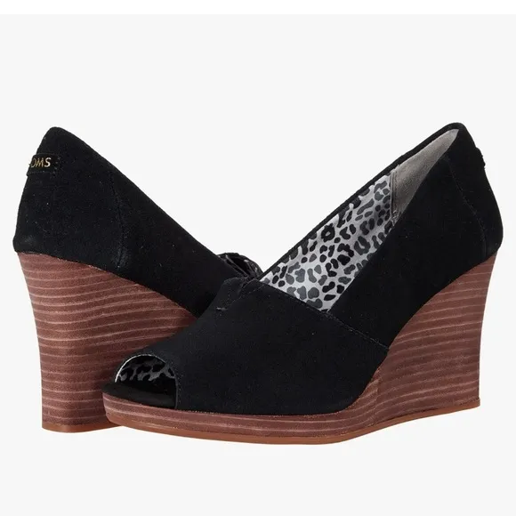 NEW TOMS Michelle Black Brown peep toe wedges sandals women size 6