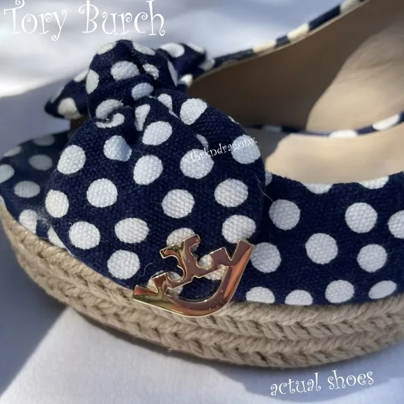 New Tory Burch Polka Dot Wedges Nautical Bow Wedges Boat Summer Spring Sandals