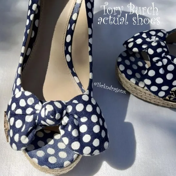 New Tory Burch Polka Dot Wedges Nautical Bow Wedges Boat Summer Spring Sandals