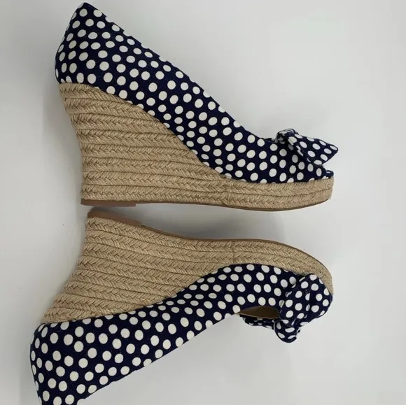 New Tory Burch Polka Dot Wedges Nautical Bow Wedges Boat Summer Spring Sandals