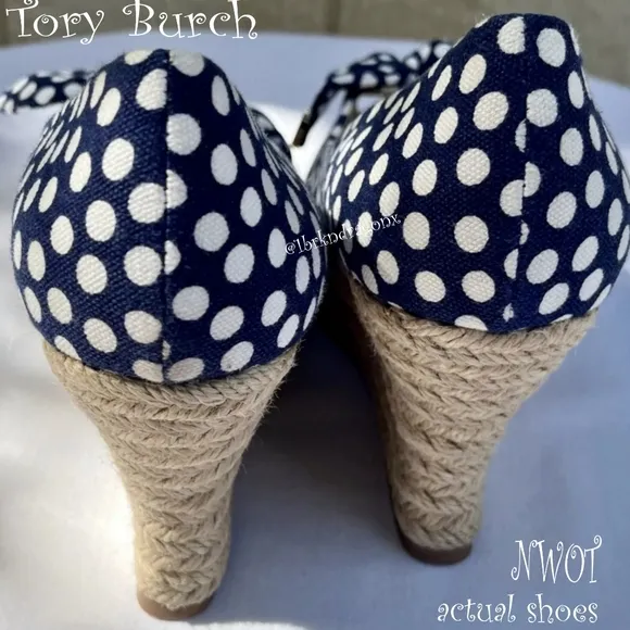 New Tory Burch Polka Dot Wedges Nautical Bow Wedges Boat Summer Spring Sandals