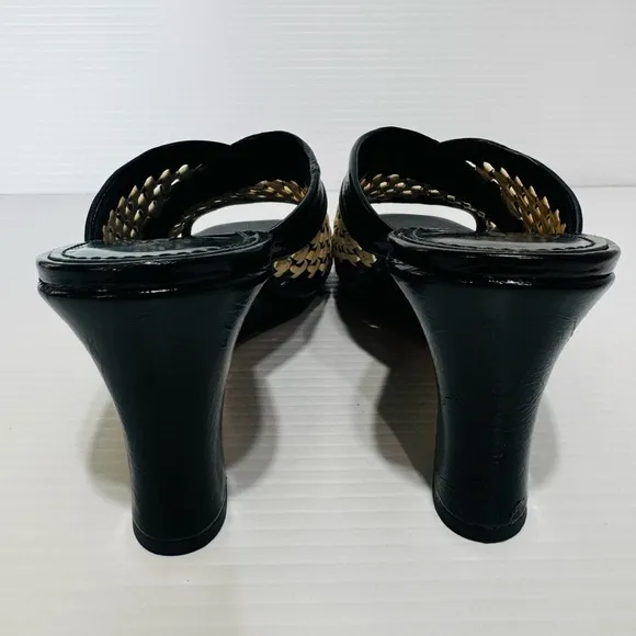 New Tory Burch Raffia Black Patent Leather Woven Wedges Size 8