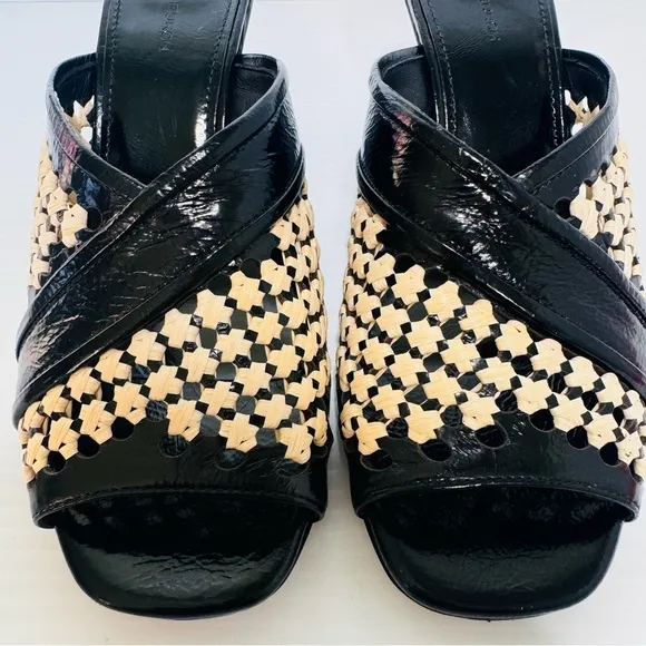 New Tory Burch Raffia Black Patent Leather Woven Wedges Size 8