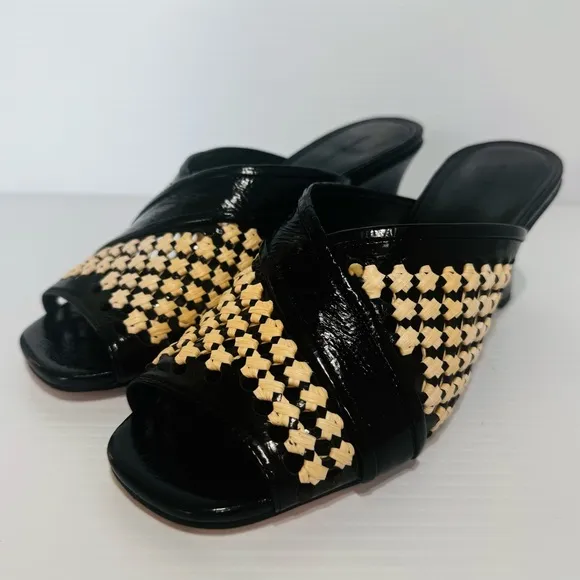 New Tory Burch Raffia Black Patent Leather Woven Wedges Size 8