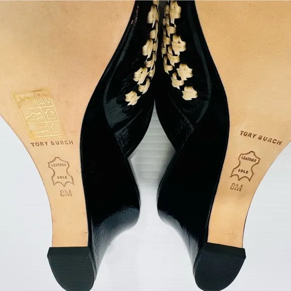 New Tory Burch Raffia Black Patent Leather Woven Wedges Size 8