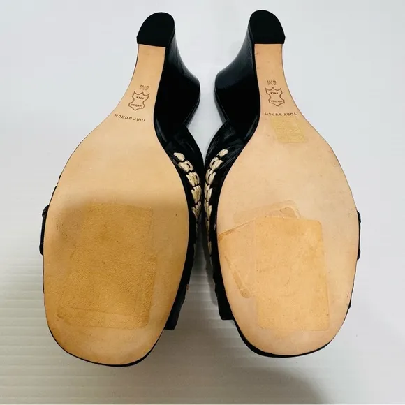 New Tory Burch Raffia Black Patent Leather Woven Wedges Size 8
