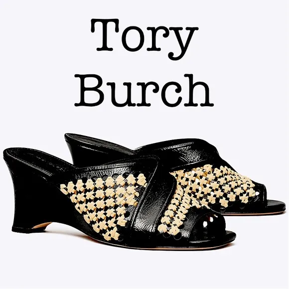 New Tory Burch Raffia Black Patent Leather Woven Wedges Size 8