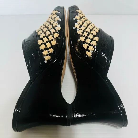 New Tory Burch Raffia Black Patent Leather Woven Wedges Size 8