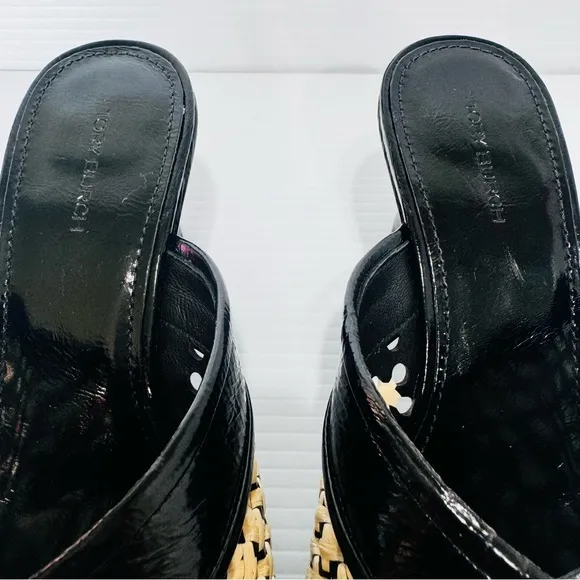 New Tory Burch Raffia Black Patent Leather Woven Wedges Size 8