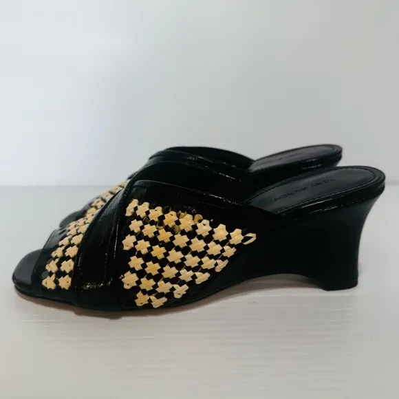 New Tory Burch Raffia Black Patent Leather Woven Wedges Size 8