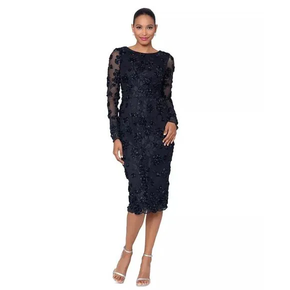 NEW Xscape boat neck lace embellished long sleeve midi dress bodycon Holiday