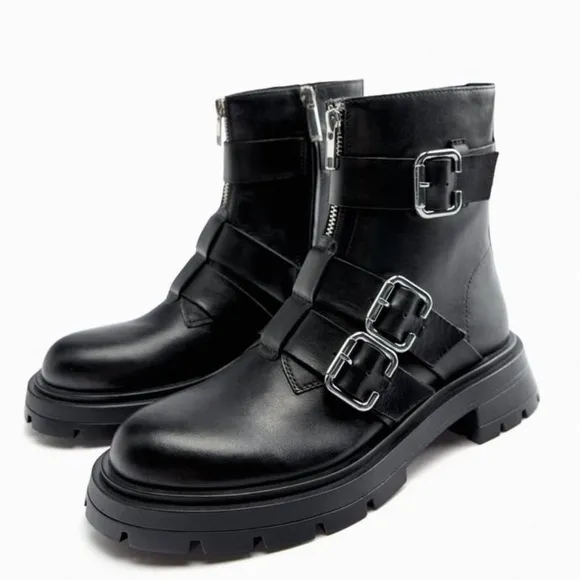 New Zara Studded Black Buckle Combat Boots