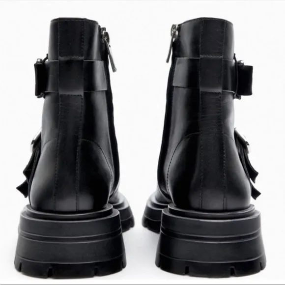 New Zara Studded Black Buckle Combat Boots