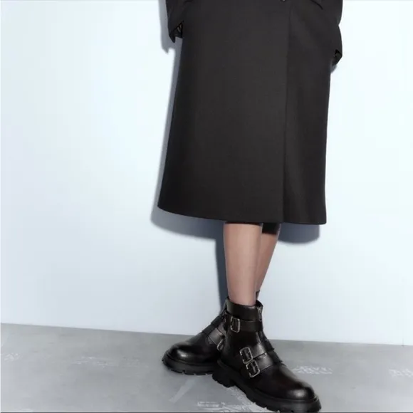 New Zara Studded Black Buckle Combat Boots