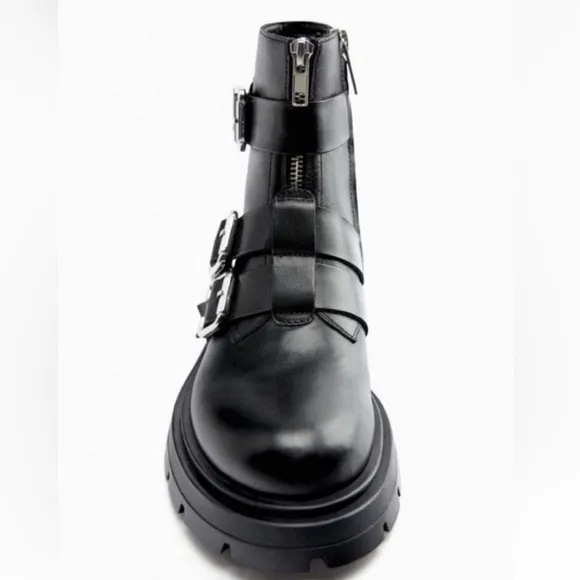 New Zara Studded Black Buckle Combat Boots
