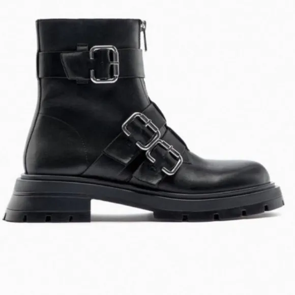 New Zara Studded Black Buckle Combat Boots