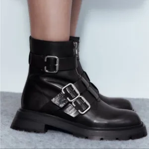 New Zara Studded Black Buckle Combat Boots