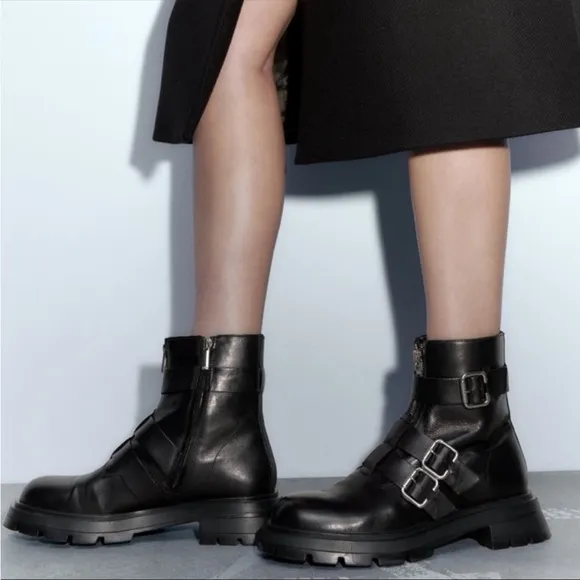 New Zara Studded Black Buckle Combat Boots