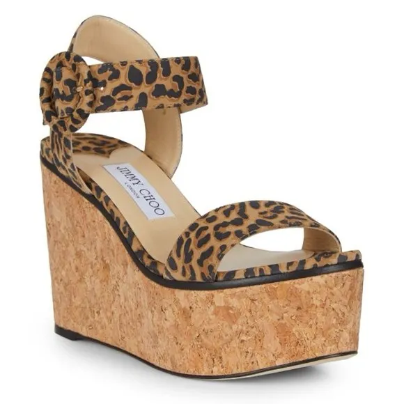 NEW!JIMMY CHOO Size 7.5 (EU 38)Abigail Leopard-Print Leather Cork Wedge Sandals